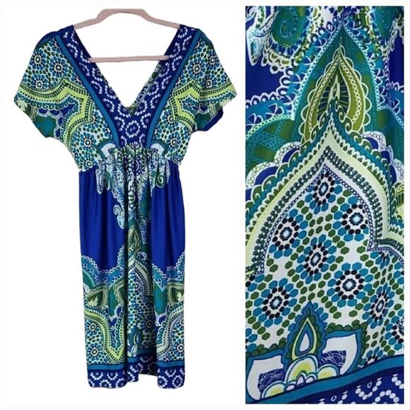 Maurices Vibrant Blue Paisley Print Double V Dolman Sleeve Swim Cover-up Dress - Picture 1 of 12